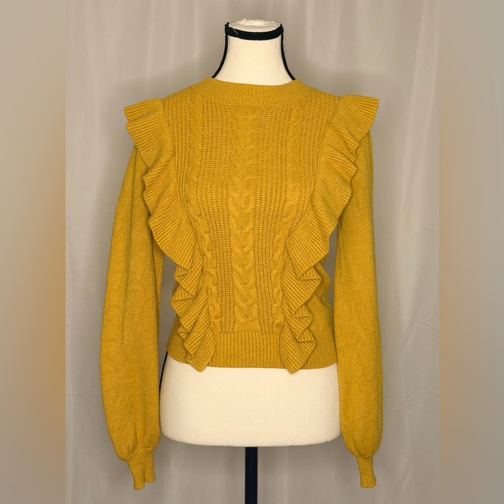 DRA Los Angeles Mustard Cable Knit Ruffle Sweater XS Preppy Fall Statement
